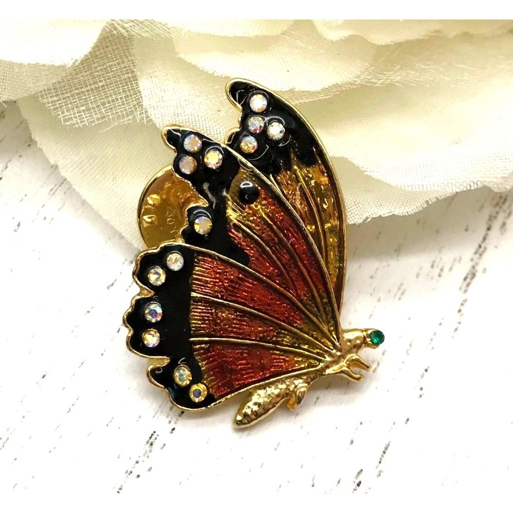 Vintage Gold-Tone Butterfly Lapel Pin With Rhinestones & Enamel Finish